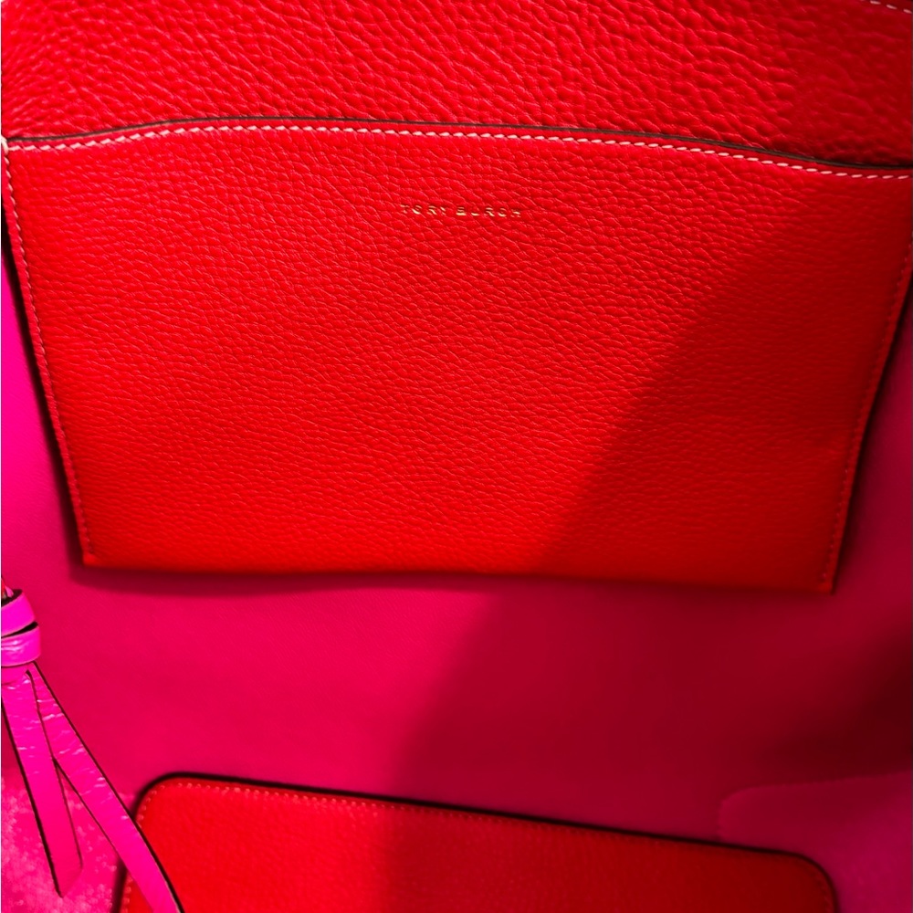 Tory Burch Large Brilliant Red/Crazy Pink Leather Pebbled Tote - Picture 3 of 12